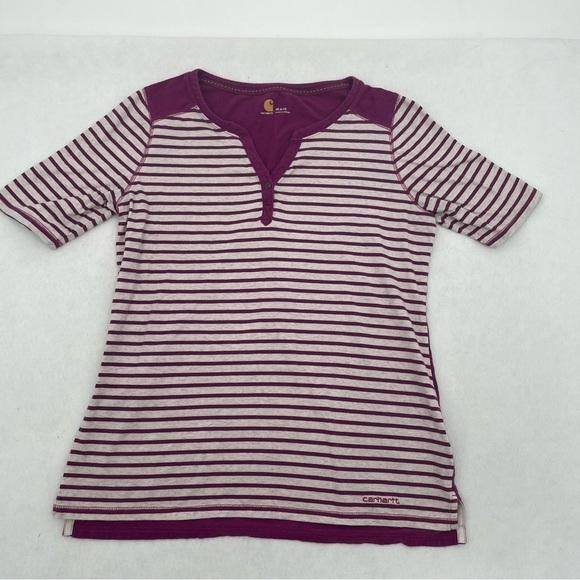 CARHARTT Women’s Purple/cream stripe V-neck short sleeved shirt size Medium 8/10 - Picture 1 of 9